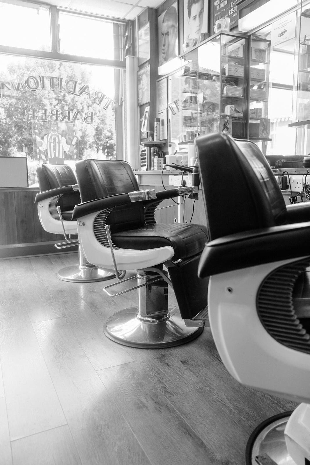 Row of traditional barber chairs